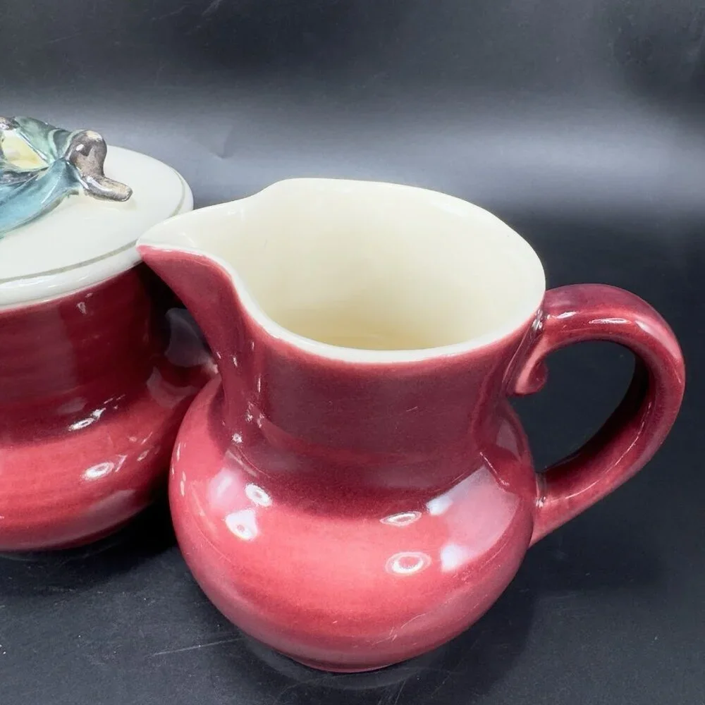 1940s Red Wing Normandy Pottery Burgundy‎ Sugar And Creamer Set 2 With Lid VTG